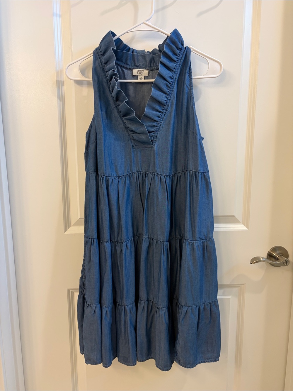 crown & ivy Sleeveless Ruffle V-Neck Tiered Denim Dress - Blue